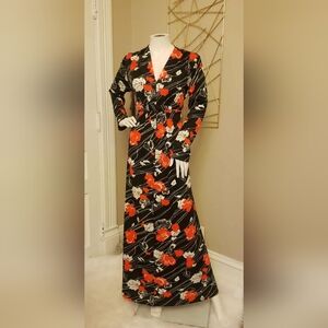 Vintage 70s Floral Maxi Dress by Jennifer Gee•Long Sleeve•Tie Waist